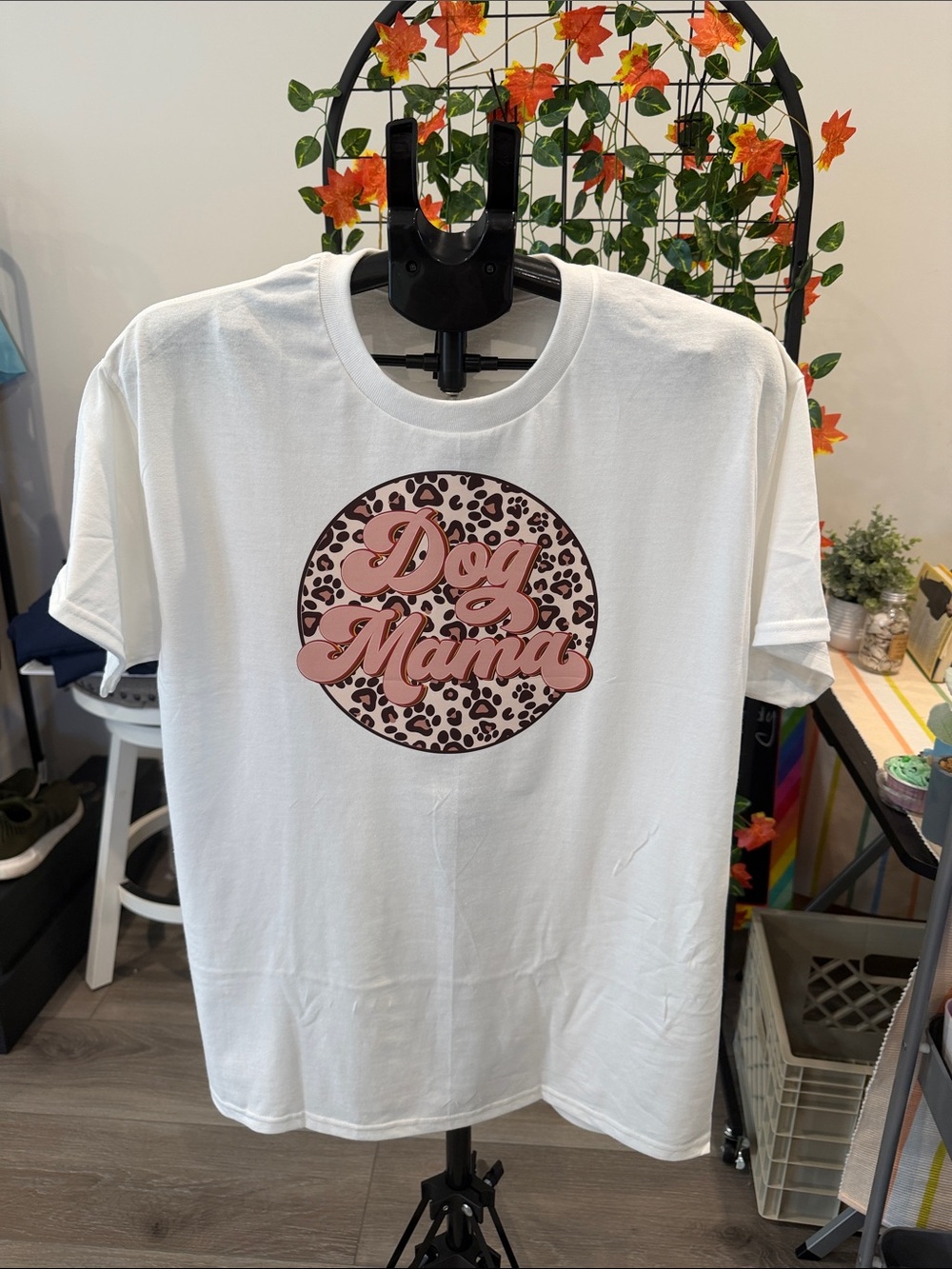 Gildan White Tee with Pink Leopard Dog Mama Graphic